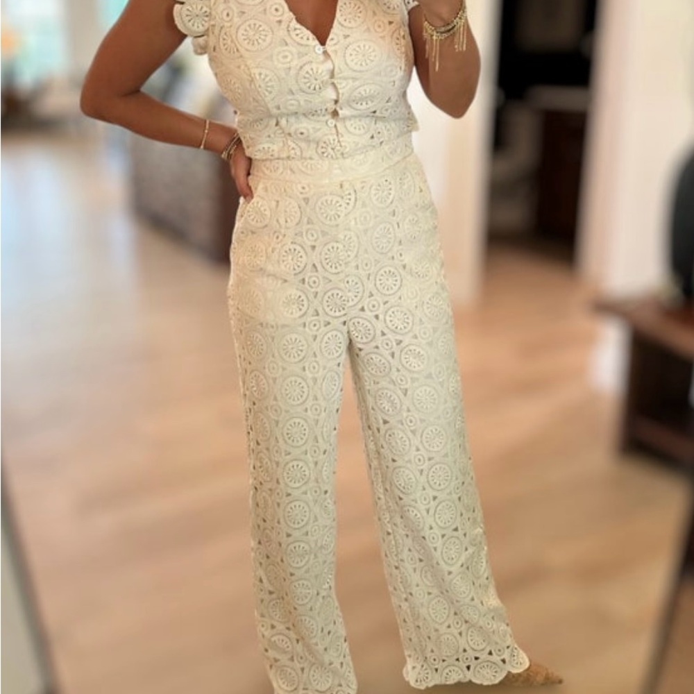 Skies Are Blue Cream Lace Jumpsuit with Plunging Neckline